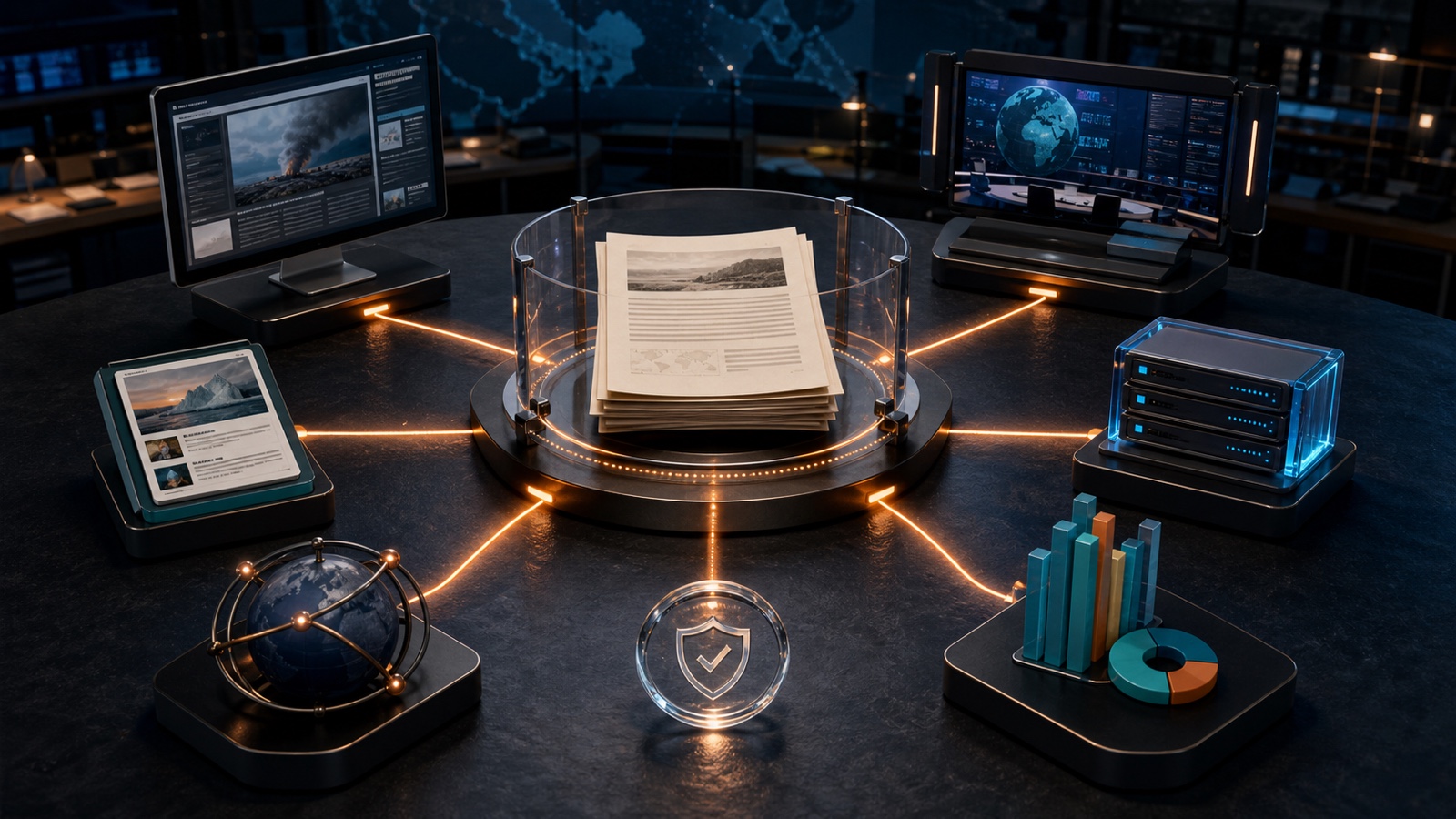 An editorial workbench connecting reporting, attribution, distribution, and audience delivery