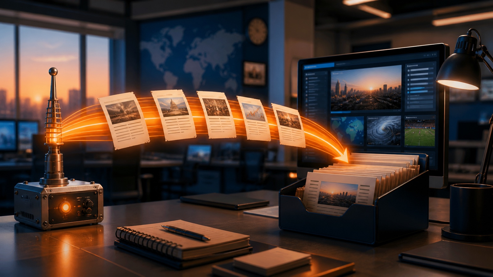 A structured RSS feed moving approved story fields into a publisher newsroom