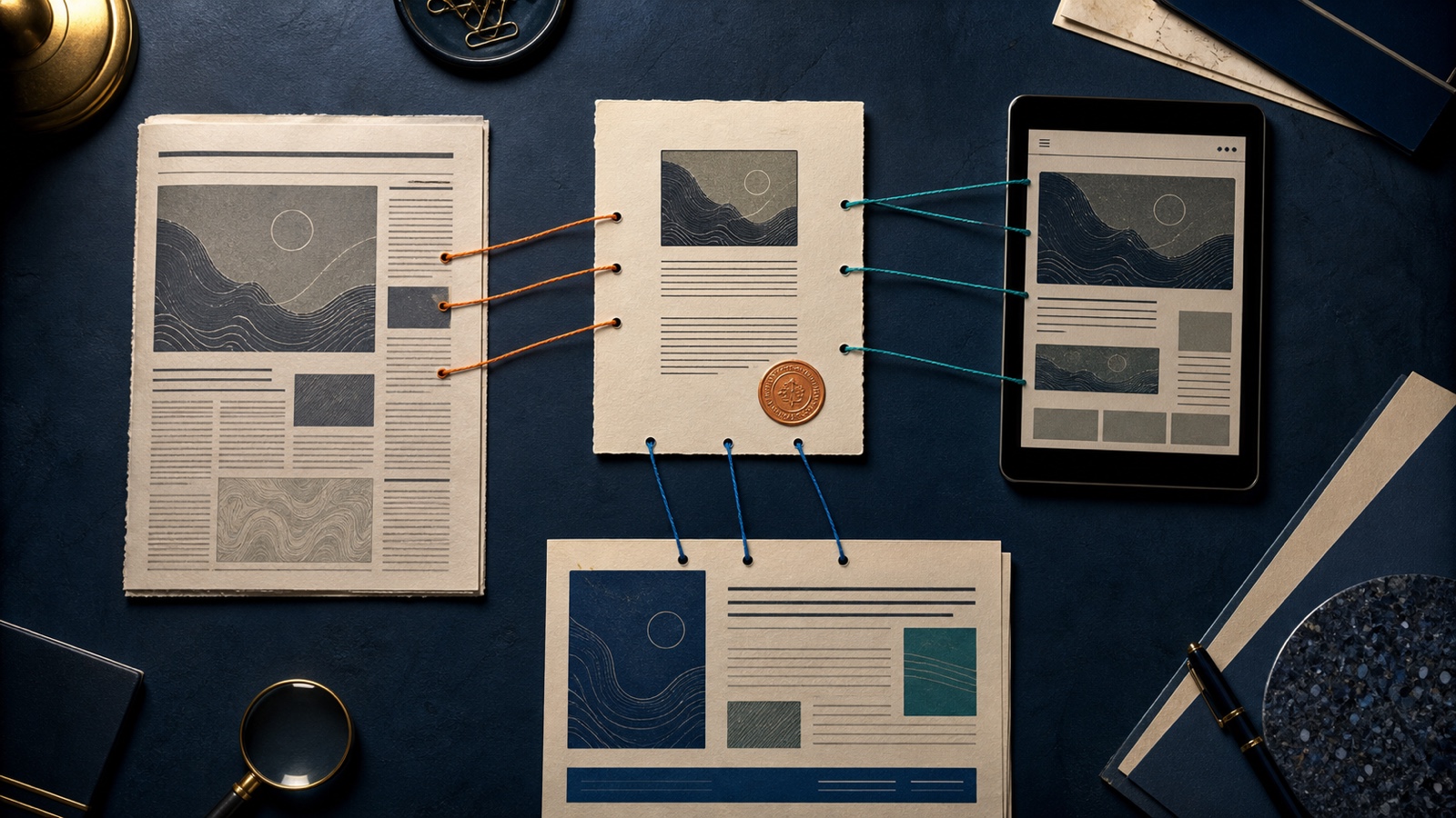 A newsroom distribution map connecting an original story to several independent publications